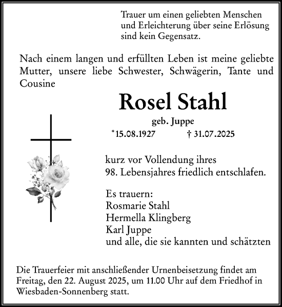 Traueranzeige von Rosel Stahl von Wiesbadener Kurier