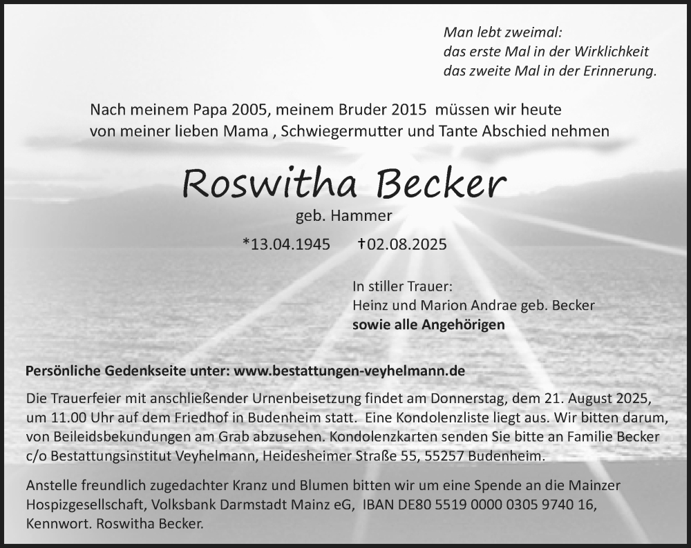  Traueranzeige für Roswitha Becker vom 16.08.2025 aus Allgemeine Zeitung Mainz