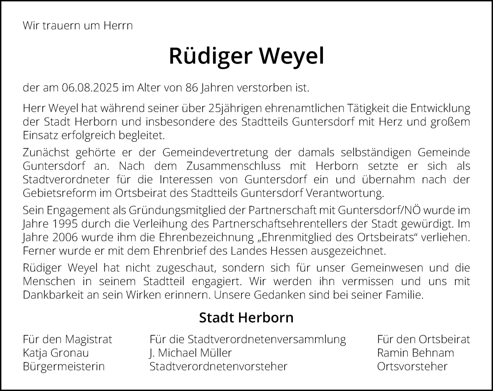  Traueranzeige für Rüdiger Weyel vom 20.08.2025 aus Dill Block