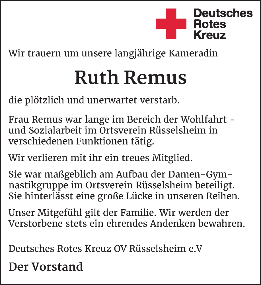  Traueranzeige für Ruth Remus vom 09.08.2025 aus Rüsselsheimer Echo