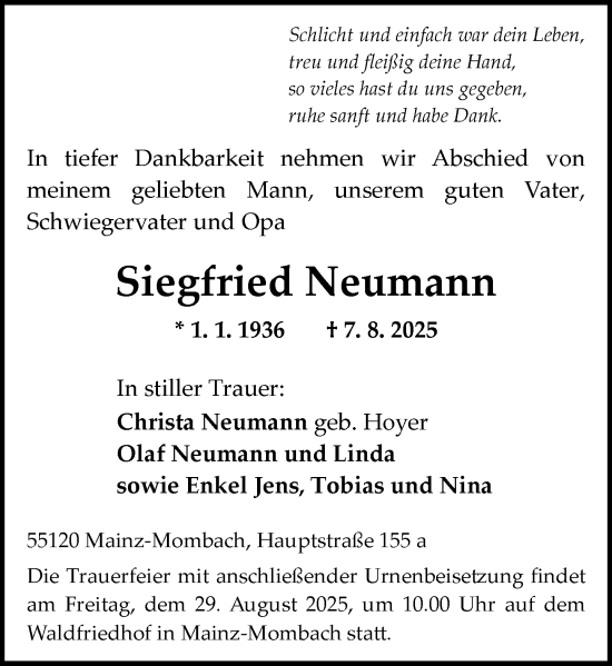 Traueranzeige von Siegfried Neumann von Allgemeine Zeitung Mainz