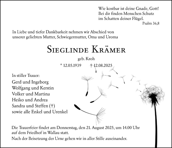 Traueranzeige von Sieglinde Krämer von Hinterländer Anzeiger