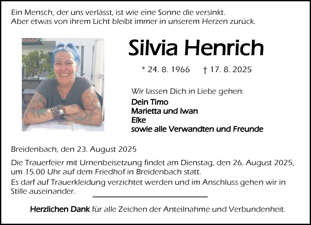  Traueranzeige für Silvia Henrich vom 23.08.2025 aus Hinterländer Anzeiger