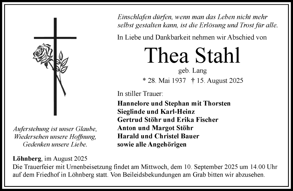  Traueranzeige für Thea Stahl vom 23.08.2025 aus Weilburger Tageblatt