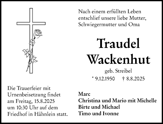 Traueranzeige von Traudel Wackenhut von Darmstädter Echo