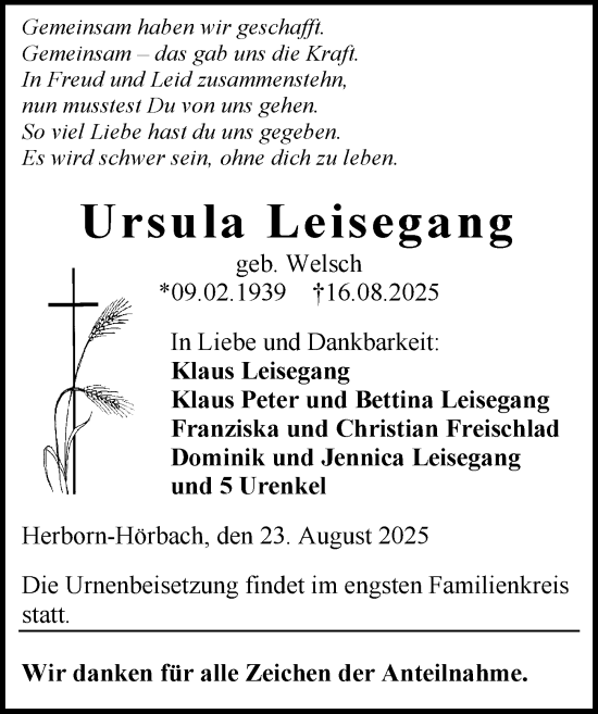 Traueranzeige von Ursula Leisegang von Dill Block