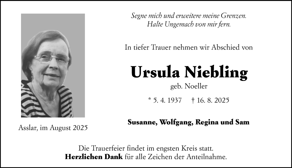  Traueranzeige für Ursula Niebling vom 23.08.2025 aus Wetzlarer Neue Zeitung