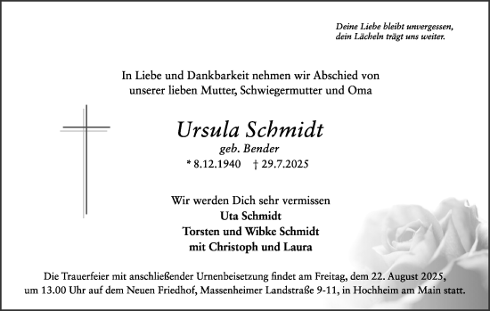 Traueranzeige von Ursula Schmidt von Wiesbadener Kurier