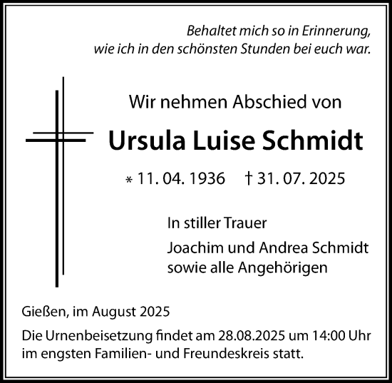 Traueranzeige von Ursula Luise Schmidt von Wetzlarer Neue Zeitung