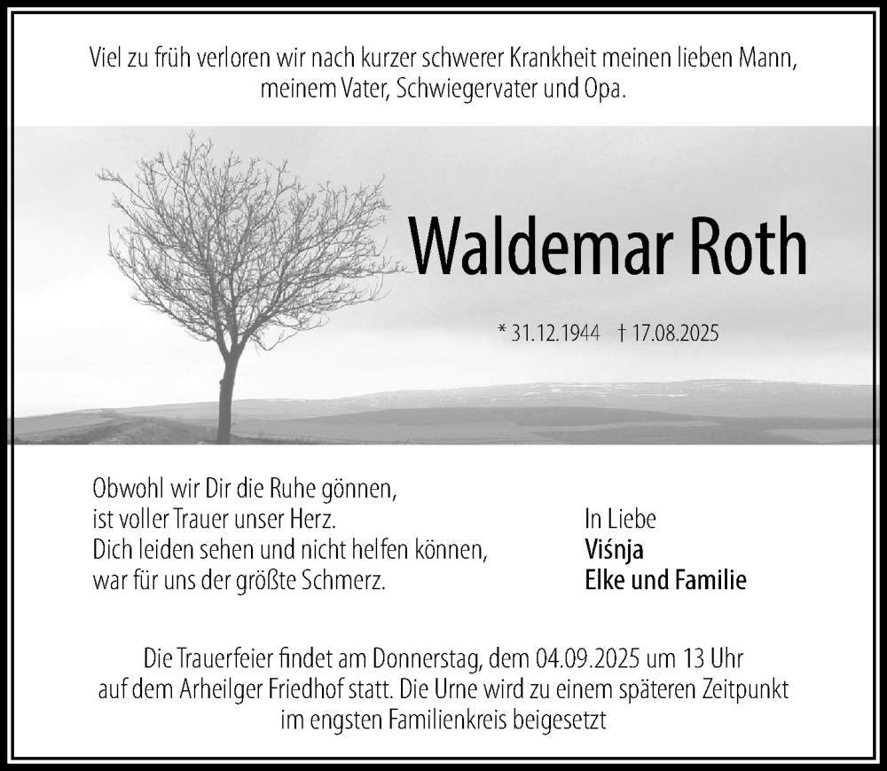  Traueranzeige für Waldemar Roth vom 23.08.2025 aus Darmstädter Echo