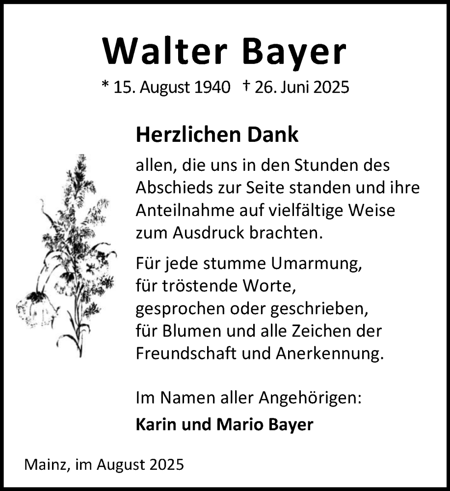  Traueranzeige für Walter Bayer vom 16.08.2025 aus Allgemeine Zeitung Mainz