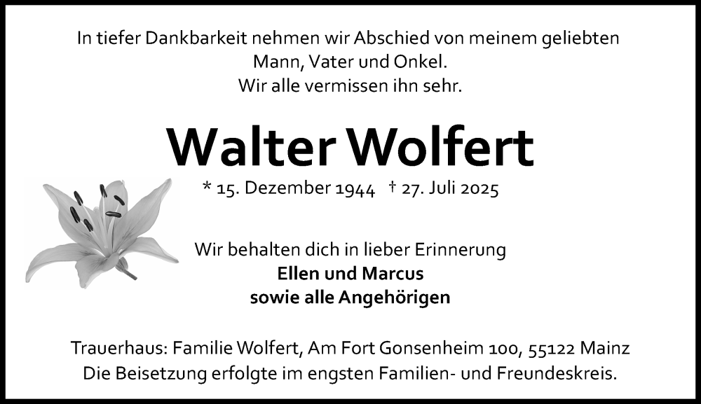  Traueranzeige für Walter Wolfert vom 16.08.2025 aus Allgemeine Zeitung Mainz