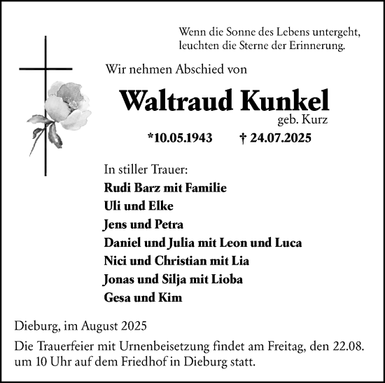 Traueranzeige von Waltraud Kunkel von Dieburger Anzeiger/Groß-Zimmerner Lokal-Anzeiger