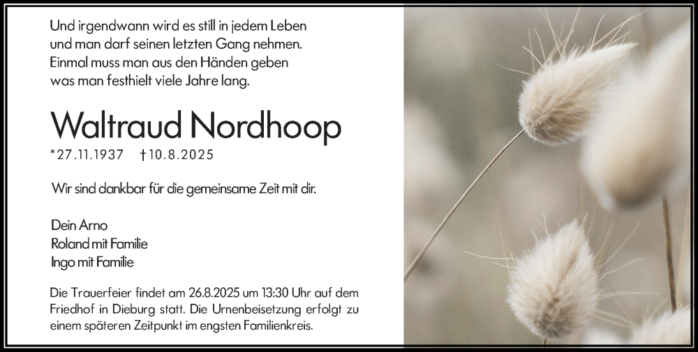  Traueranzeige für Waltraud Nordhoop vom 16.08.2025 aus Dieburger Anzeiger/Groß-Zimmerner Lokal-Anzeiger