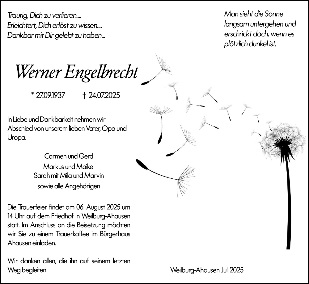  Traueranzeige für Werner Engelbrecht vom 02.08.2025 aus Weilburger Tageblatt