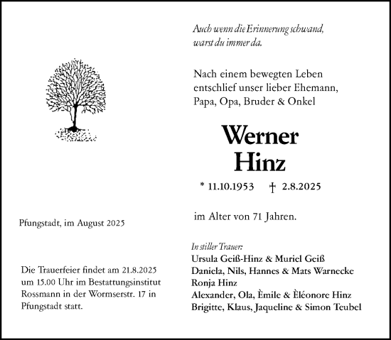 Traueranzeige von Werner Hinz von Darmstädter Echo
