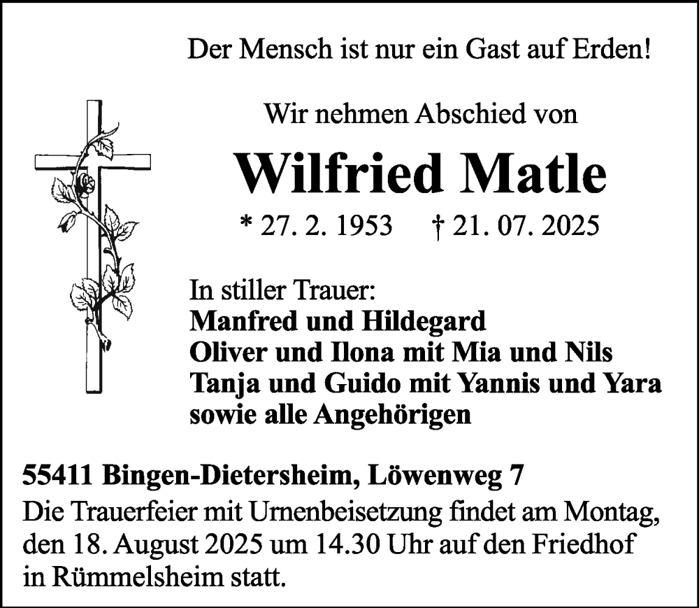  Traueranzeige für Wilfried Matle vom 16.08.2025 aus Binger-/Ingelheimer Wochenblatt