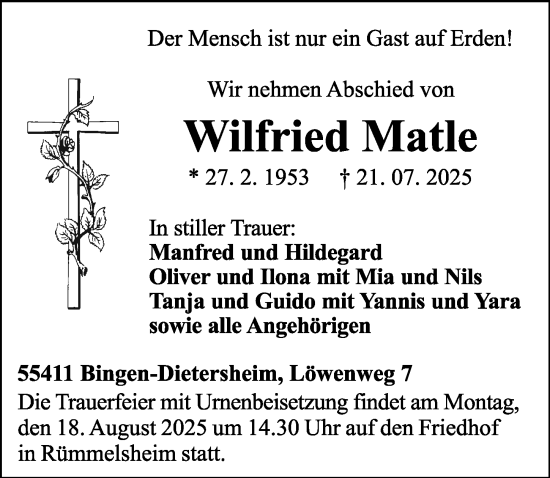 Traueranzeige von Wilfried Matle von Binger-/Ingelheimer Wochenblatt