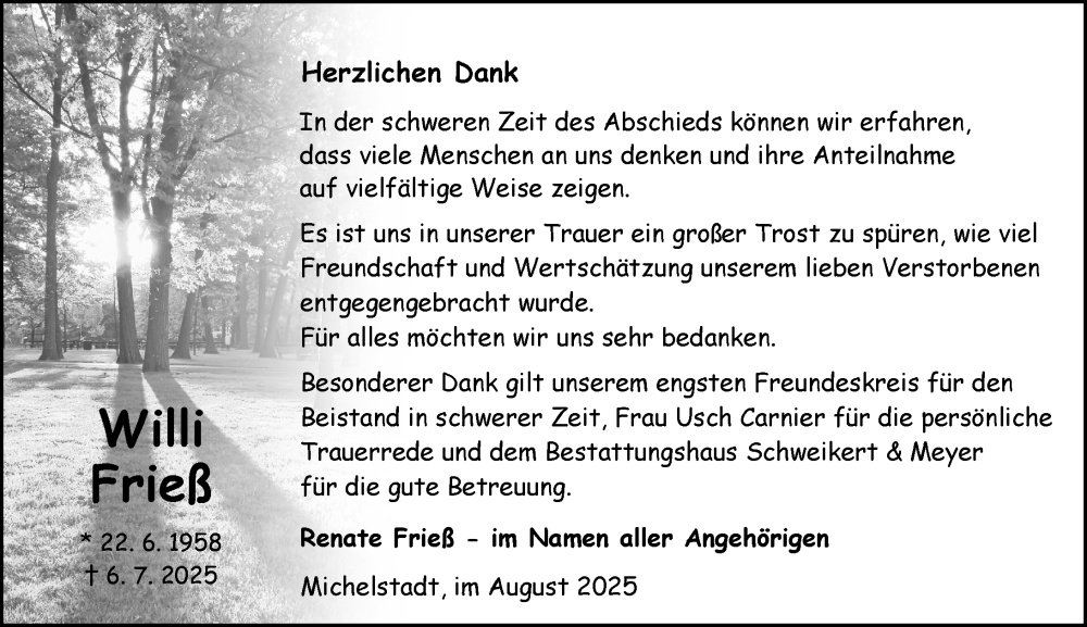  Traueranzeige für Willi Frieß vom 16.08.2025 aus Odenwälder Echo