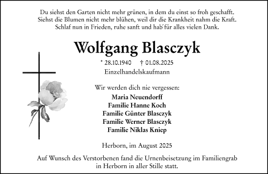 Traueranzeige von Wolfgang Blasczyk von Dill Block