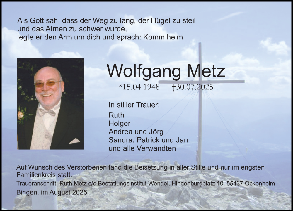  Traueranzeige für Wolfgang Metz vom 16.08.2025 aus Binger-/Ingelheimer Wochenblatt