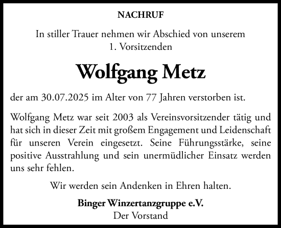 Traueranzeige von Wolfgang Metz von Binger-/Ingelheimer Wochenblatt