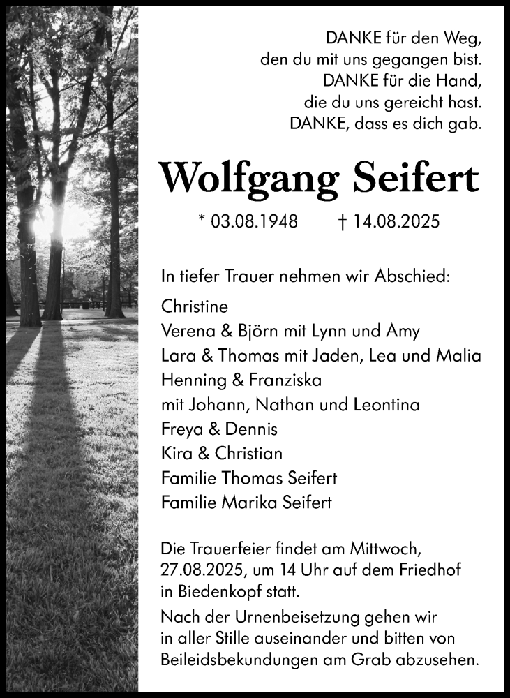  Traueranzeige für Wolfgang Seifert vom 23.08.2025 aus Hinterländer Anzeiger