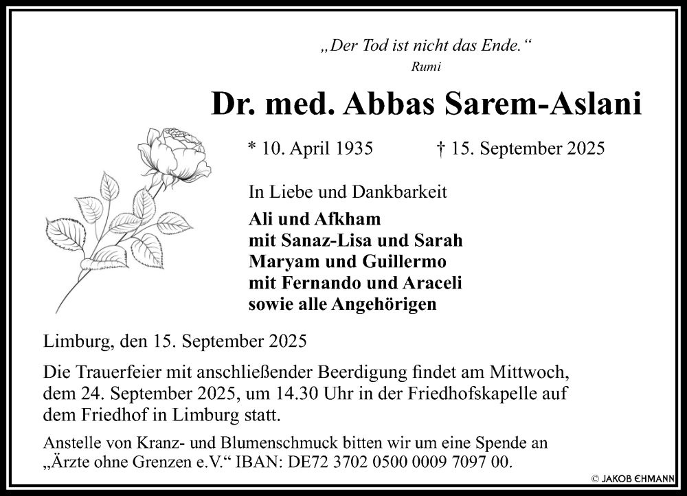  Traueranzeige für Abbas Sarem-Aslani vom 20.09.2025 aus Nassauische Neue Presse