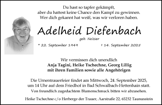 Traueranzeige von Adelheid Diefenbach von Idsteiner Land/Untertaunus