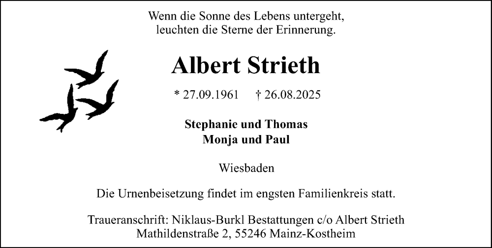  Traueranzeige für Albert Strieth vom 06.09.2025 aus Wiesbadener Kurier