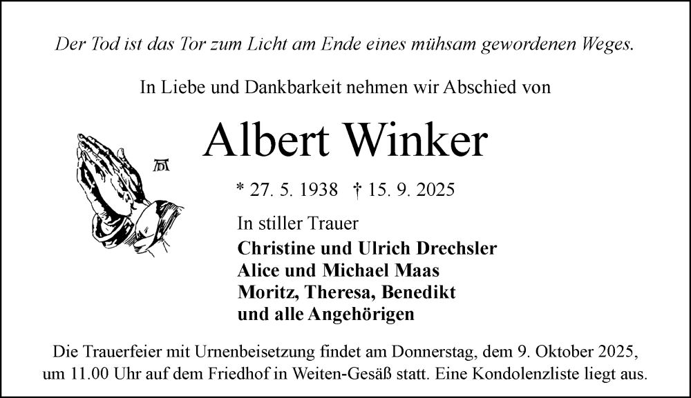  Traueranzeige für Albert Winker vom 27.09.2025 aus Odenwälder Echo