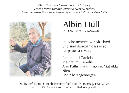 Traueranzeige von Albin Hüll von Odenwälder Echo