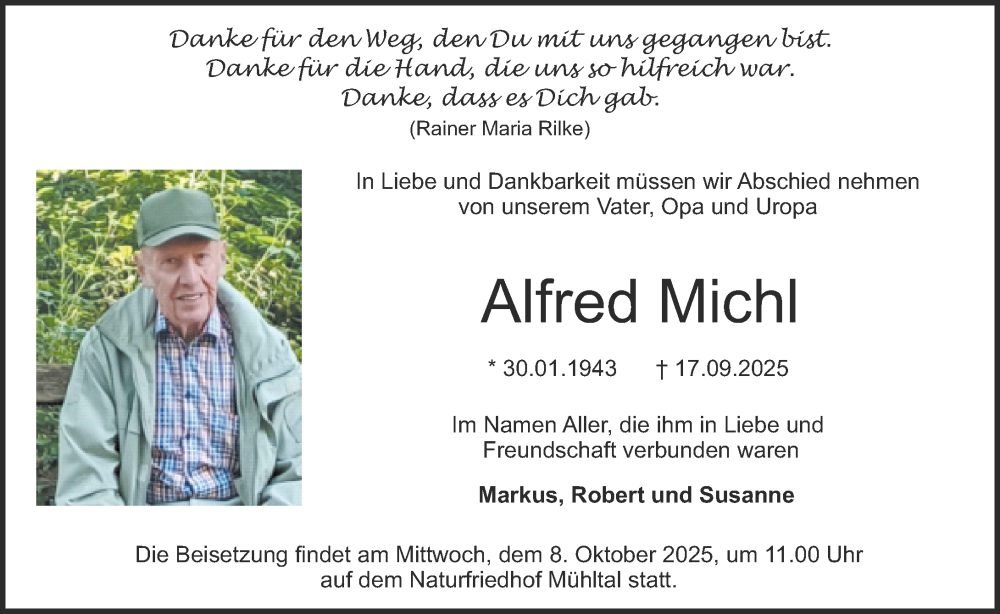  Traueranzeige für Alfred Michl vom 27.09.2025 aus Darmstädter Echo