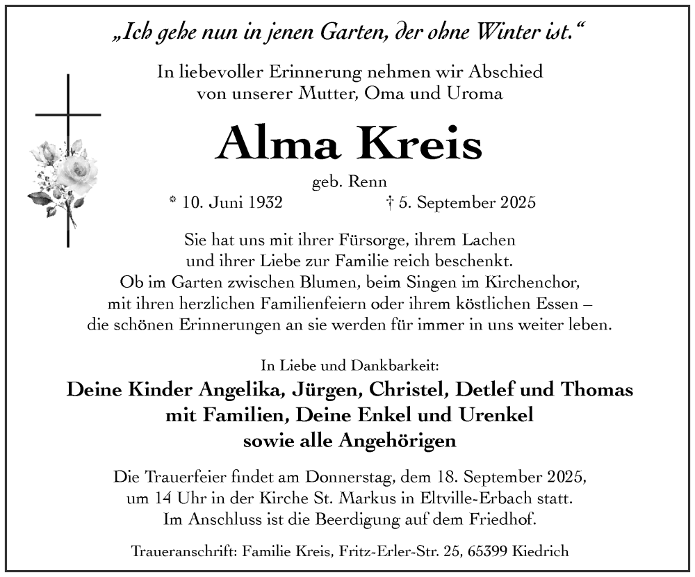  Traueranzeige für Alma Kreis vom 13.09.2025 aus Wiesbadener Kurier