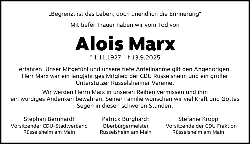  Traueranzeige für Alois Marx vom 20.09.2025 aus Rüsselsheimer Echo