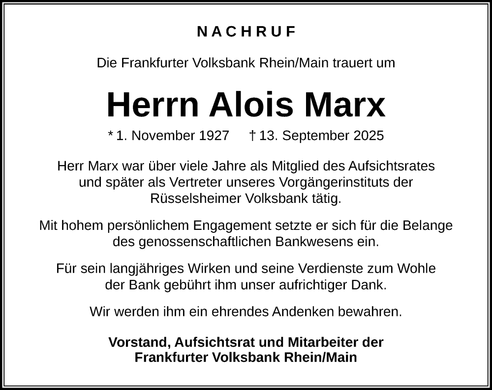  Traueranzeige für Alois Marx vom 27.09.2025 aus Rüsselsheimer Echo