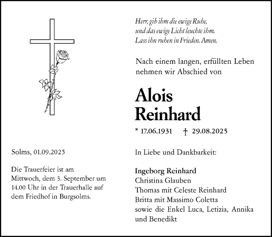 Traueranzeige von Alois Reinhard von Wetzlarer Neue Zeitung