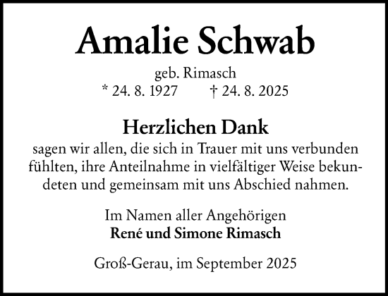 Traueranzeige von Amalie Schwab von Groß-Gerauer Echo