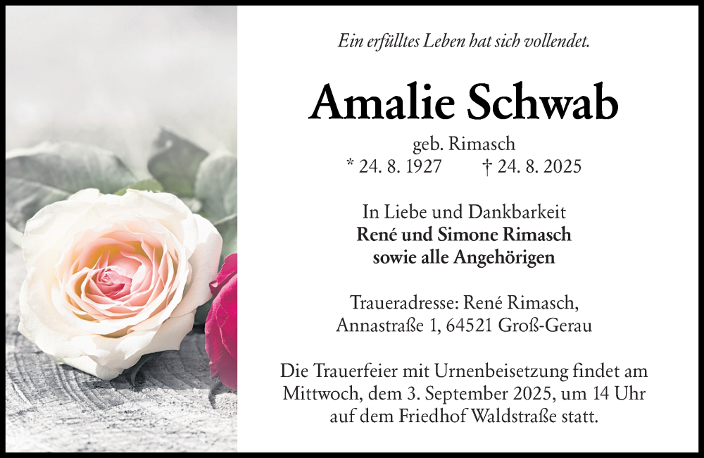 Traueranzeige für Amalie Schwab vom 30.08.2025 aus Groß-Gerauer Echo