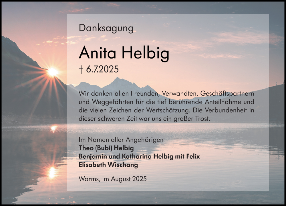  Traueranzeige für Anita Helbig vom 30.08.2025 aus Wormser Zeitung