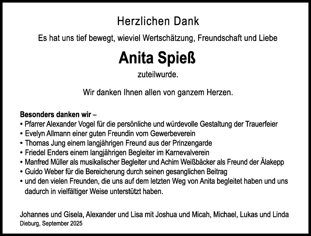  Traueranzeige für Anita Spieß vom 06.09.2025 aus Dieburger Anzeiger/Groß-Zimmerner Lokal-Anzeiger