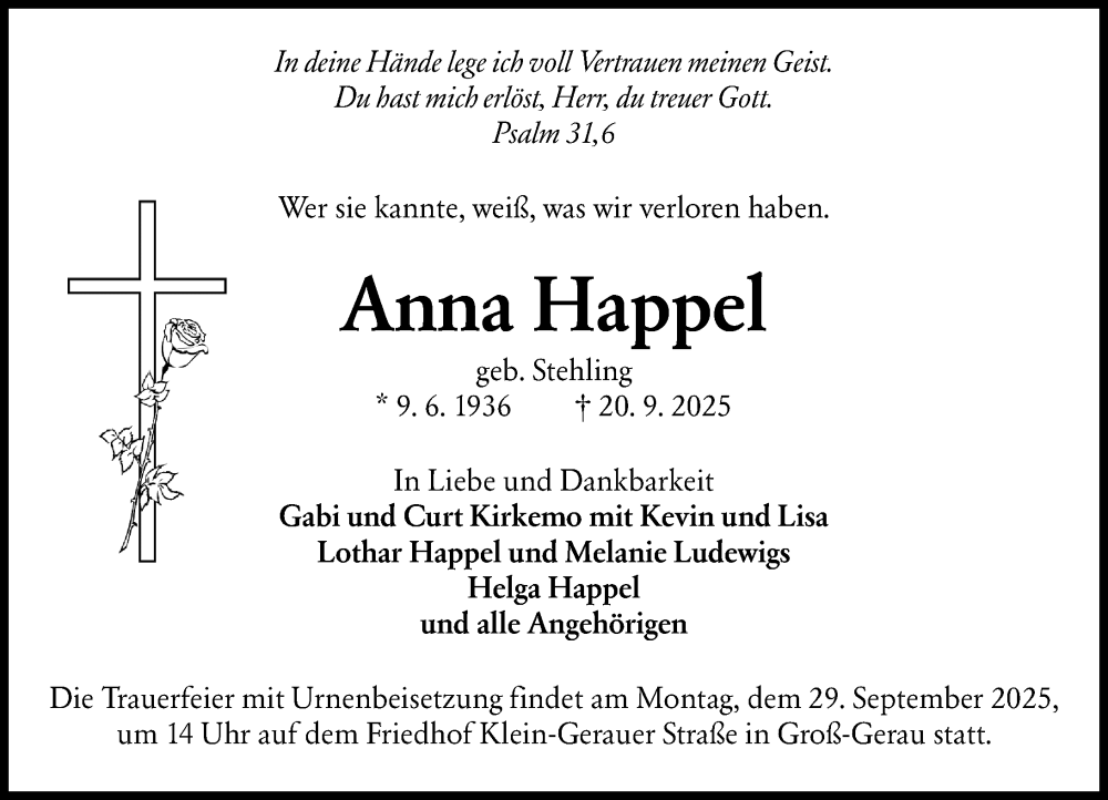  Traueranzeige für Anna Happel vom 27.09.2025 aus Groß-Gerauer Echo