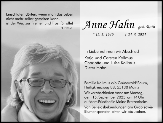 Traueranzeige von Anne Hahn von Allgemeine Zeitung Mainz