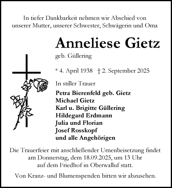 Traueranzeige von Anneliese Gietz von Rheingau Kurier