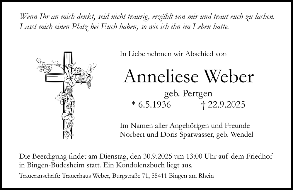  Traueranzeige für Anneliese Weber vom 27.09.2025 aus Allgemeine Zeitung Rheinhessen-Nahe