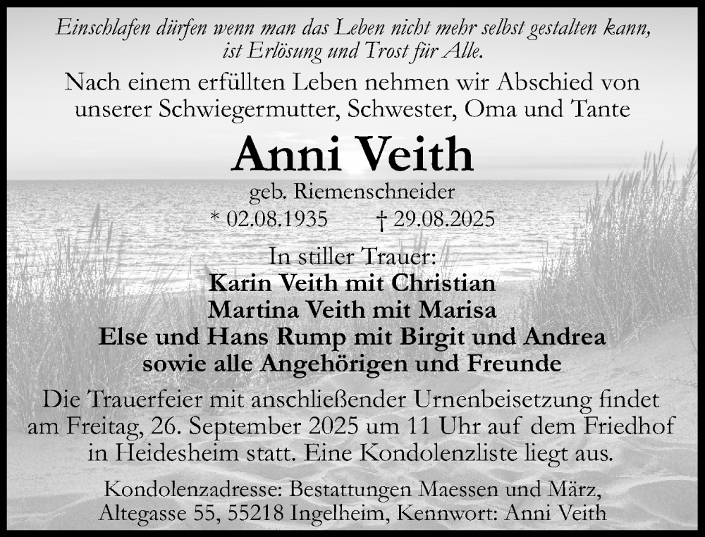  Traueranzeige für Anni Veith vom 20.09.2025 aus Allgemeine Zeitung Rheinhessen-Nahe