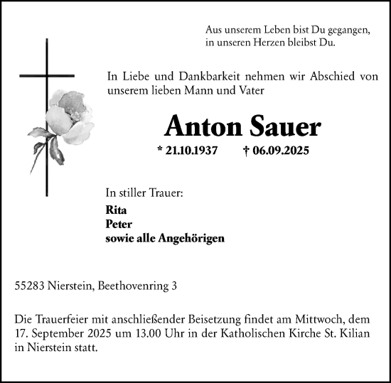 Traueranzeige von Anton Sauer von Allgemeine Zeitung Mainz