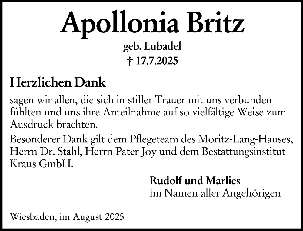  Traueranzeige für Apollonia Britz vom 30.08.2025 aus Wiesbadener Kurier