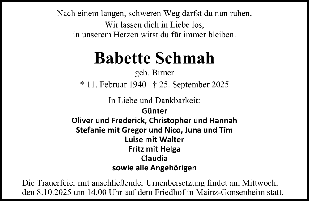  Traueranzeige für Babette Schmah vom 27.09.2025 aus Allgemeine Zeitung Mainz