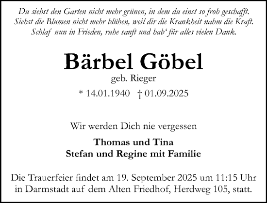 Traueranzeige von Bärbel Göbel von Wiesbadener Kurier